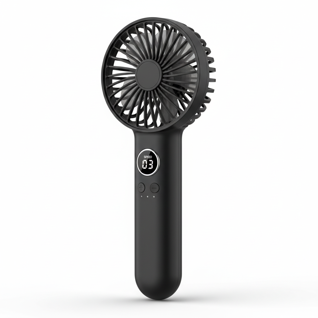 Black handheld USB cooling fan with digital display